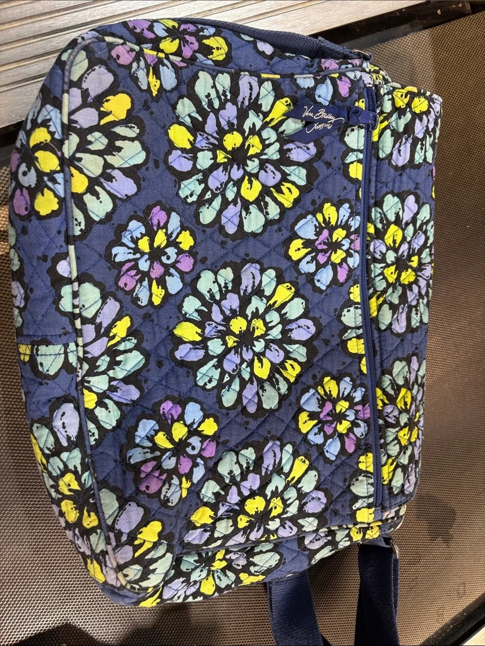 Vera Bradley Navy Floral Quilted Messenger Bag with Yellow & Light Blue Accents